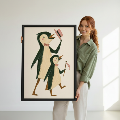 Woman holding large framed whimsical penguin father and baby marching retro illustration wall art print in black frame showing actual print size in bright white studio
