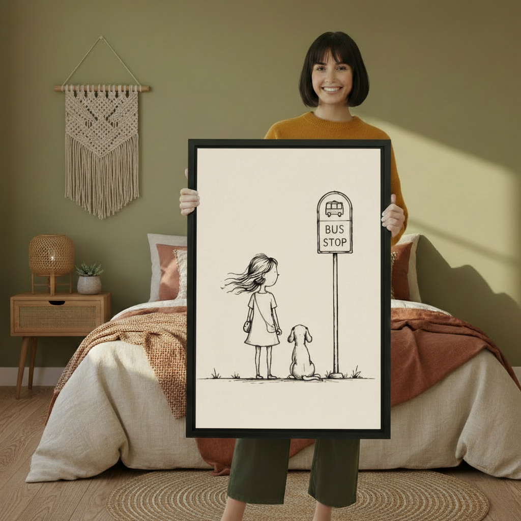 Woman holding large framed girl and dog waiting at bus stop minimalist line drawing wall art print in black frame showing actual print size in olive green boho bedroom with macrame wall hanging