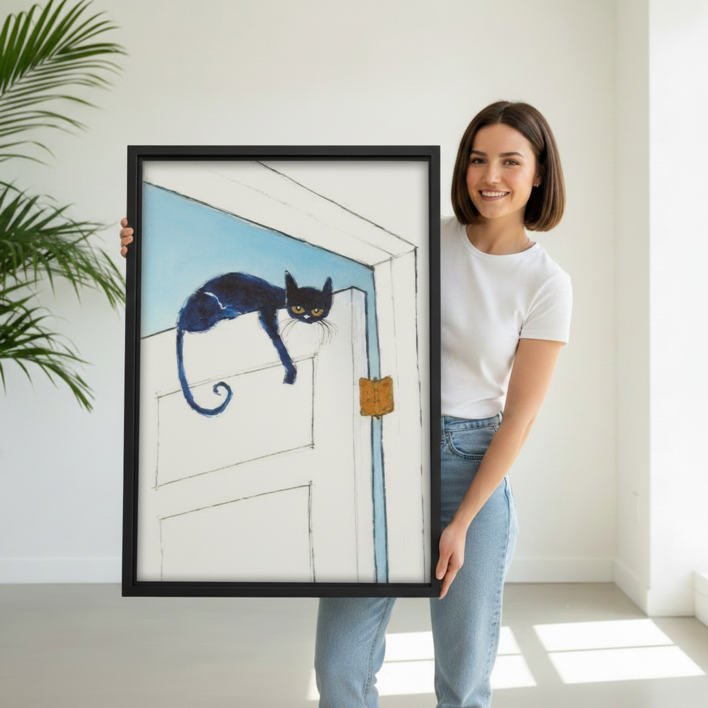 Woman holding large framed black cat art print, whimsical cat on white door illustration, premium black frame canvas wall art