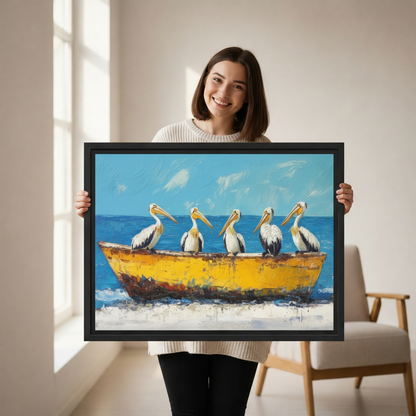  Woman holding large framed five pelicans yellow boat wall art print, black frame, bold coastal oil painting blue ocean beach scene, showing actual print size in a bright modern room