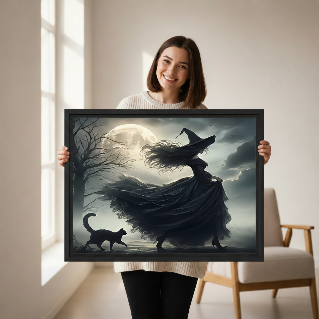 Woman holding large framed witch black cat moonlit night wall art print, black frame, dark gothic oil painting style, showing actual print size in a bright modern room