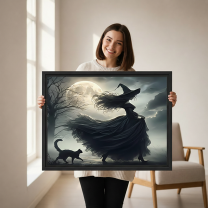 Woman holding large framed witch black cat moonlit night wall art print, black frame, dark gothic oil painting style, showing actual print size in a bright modern room
