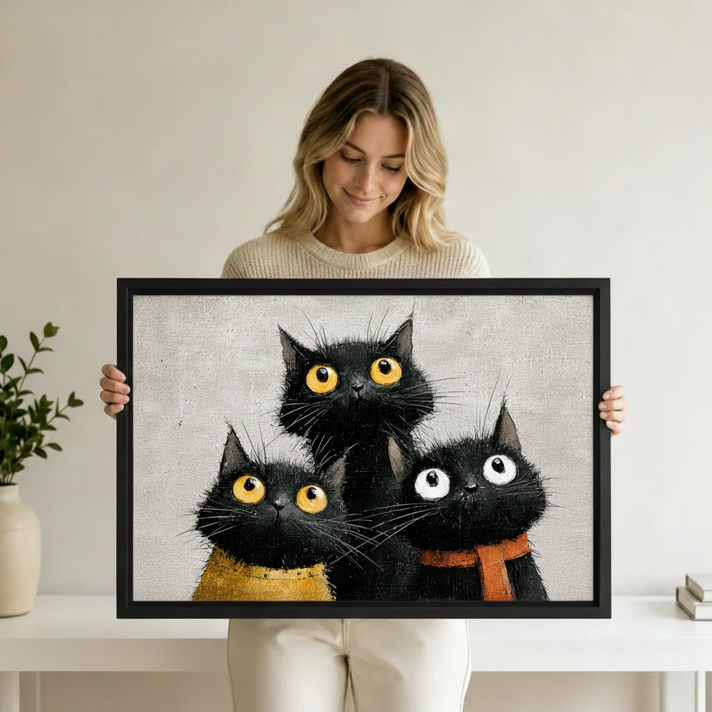 Three black cats big eyes framed canvas art, cat lover gift, living room decor