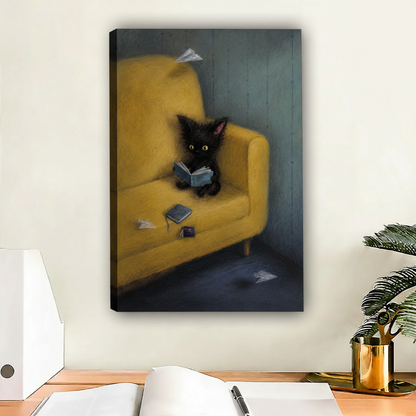 Black kitten reading oil painting framed canvas print above gray armchair 