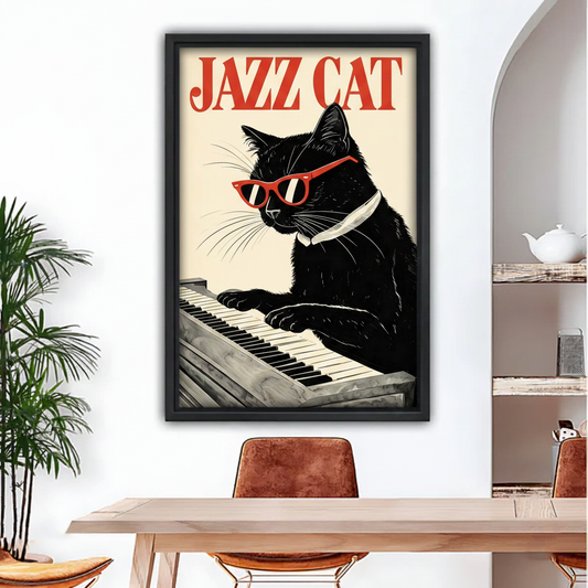 Jazz Cat playing piano retro framed canvas wall art above dining table, funny black cat with red glasses music home decor