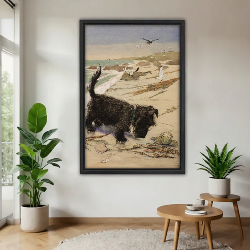 Vintage Scottie dog beach scene in black framed canvas — coastal wall art print for home decor