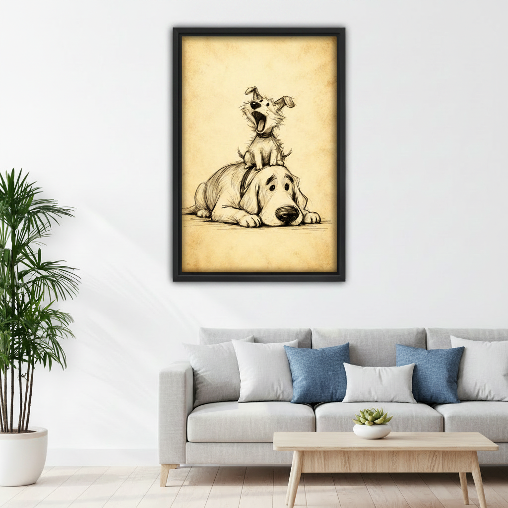 Humorous two dogs vintage pencil sketch canvas print, black frame, children bedroom wall art, funny pet lover decor