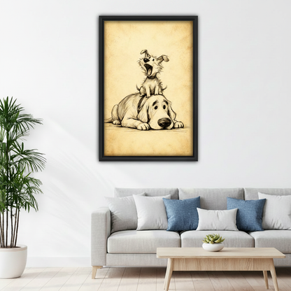 Humorous two dogs vintage pencil sketch canvas print, black frame, children bedroom wall art, funny pet lover decor