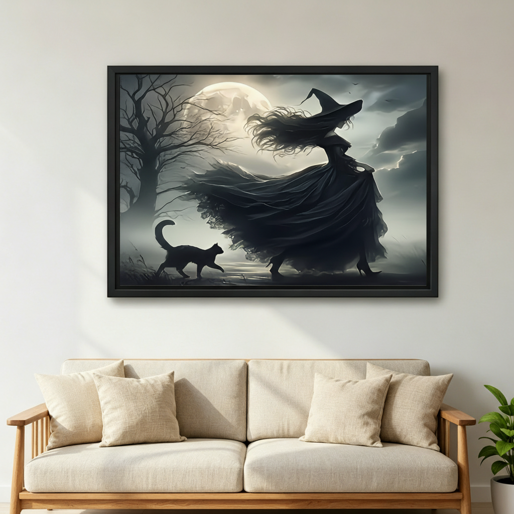 Witch and black cat moonlit night framed art print, black frame, dark gothic oil painting style, hung above a cream linen sofa in a bright Scandinavian living room with indoor plant