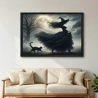 Witch and black cat moonlit night framed art print, black frame, dark gothic oil painting style, hung above a cream linen sofa in a bright Scandinavian living room with indoor plant