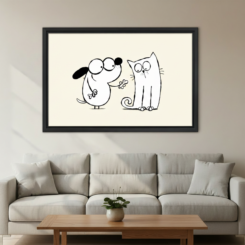 Whimsical dog giving bone to cat funny minimalist line art wall art print in black frame above light grey sofa with oak coffee table and small green plant in minimalist living room