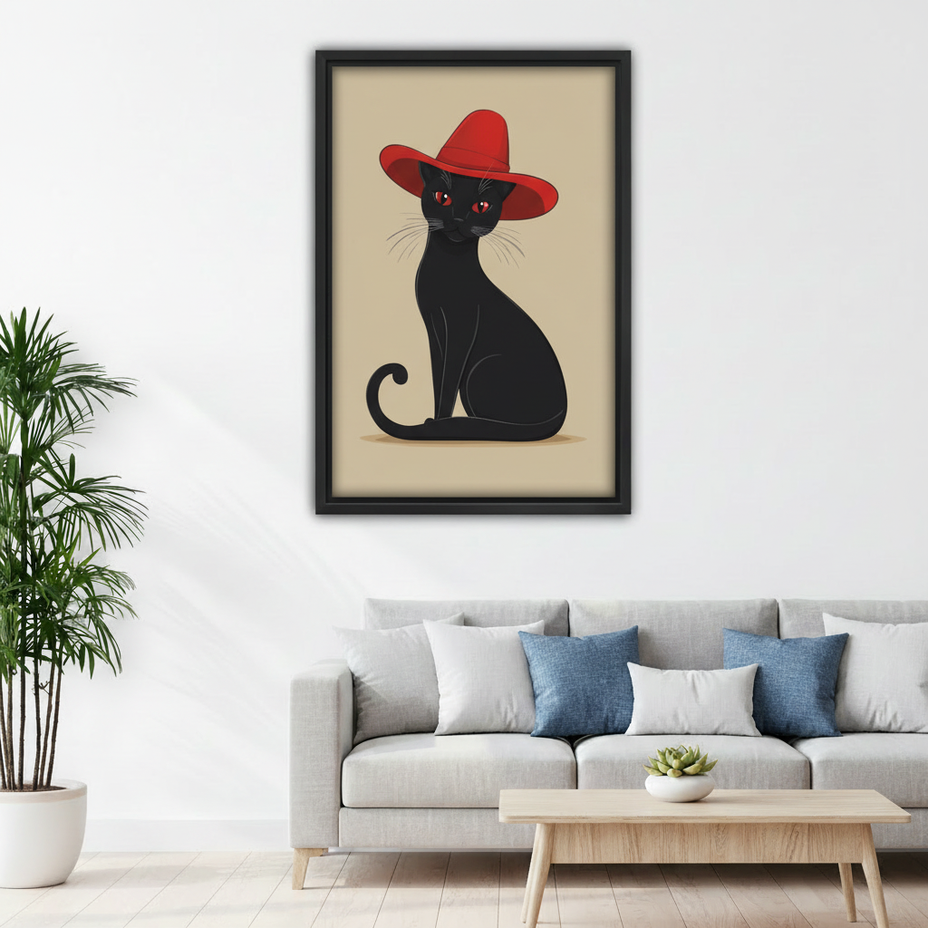 Framed black cat red hat wall art above grey sofa, elegant cat in wide brim hat on warm beige background, minimalist living room canvas decor