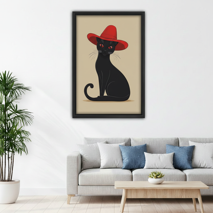 Framed black cat red hat wall art above grey sofa, elegant cat in wide brim hat on warm beige background, minimalist living room canvas decor
