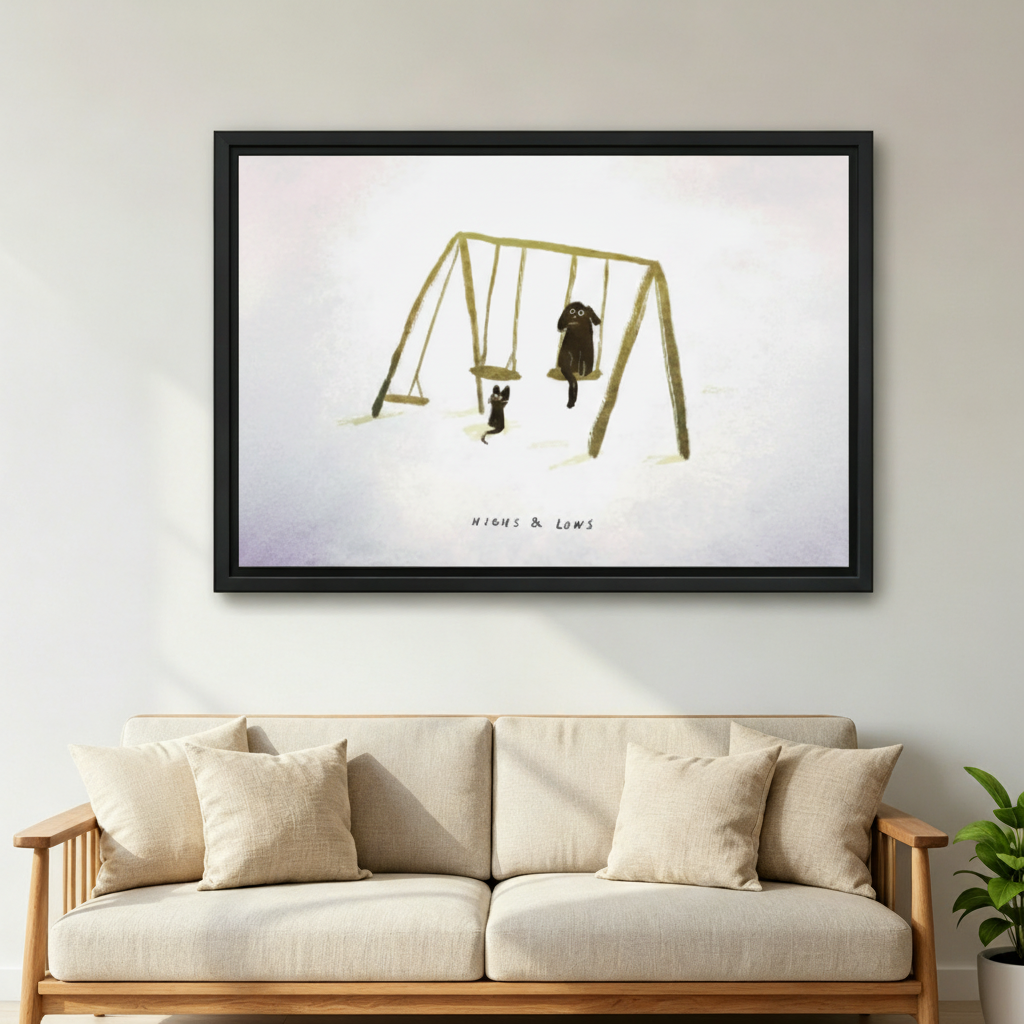 Cat and dog on swing set "Highs & Lows" framed art print, black frame, whimsical minimalist illustration, hung above a cream linen sofa in a Scandinavian living room