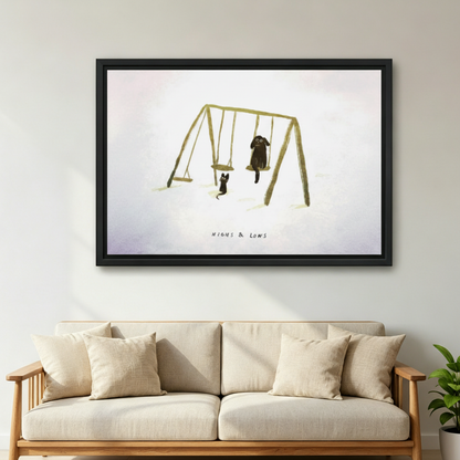 Cat and dog on swing set "Highs & Lows" framed art print, black frame, whimsical minimalist illustration, hung above a cream linen sofa in a Scandinavian living room