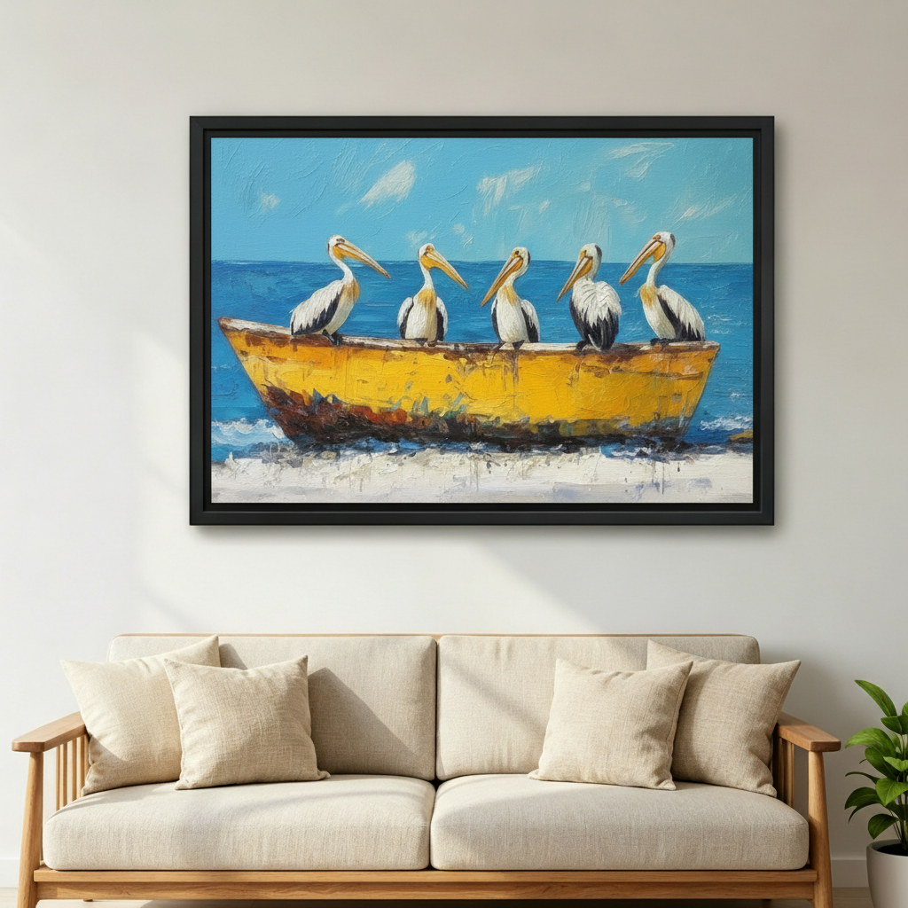 Five pelicans yellow boat framed art print, black frame, bold coastal oil painting blue ocean beach scene, hung above a cream linen sofa in a bright Scandinavian living room with indoor plant
