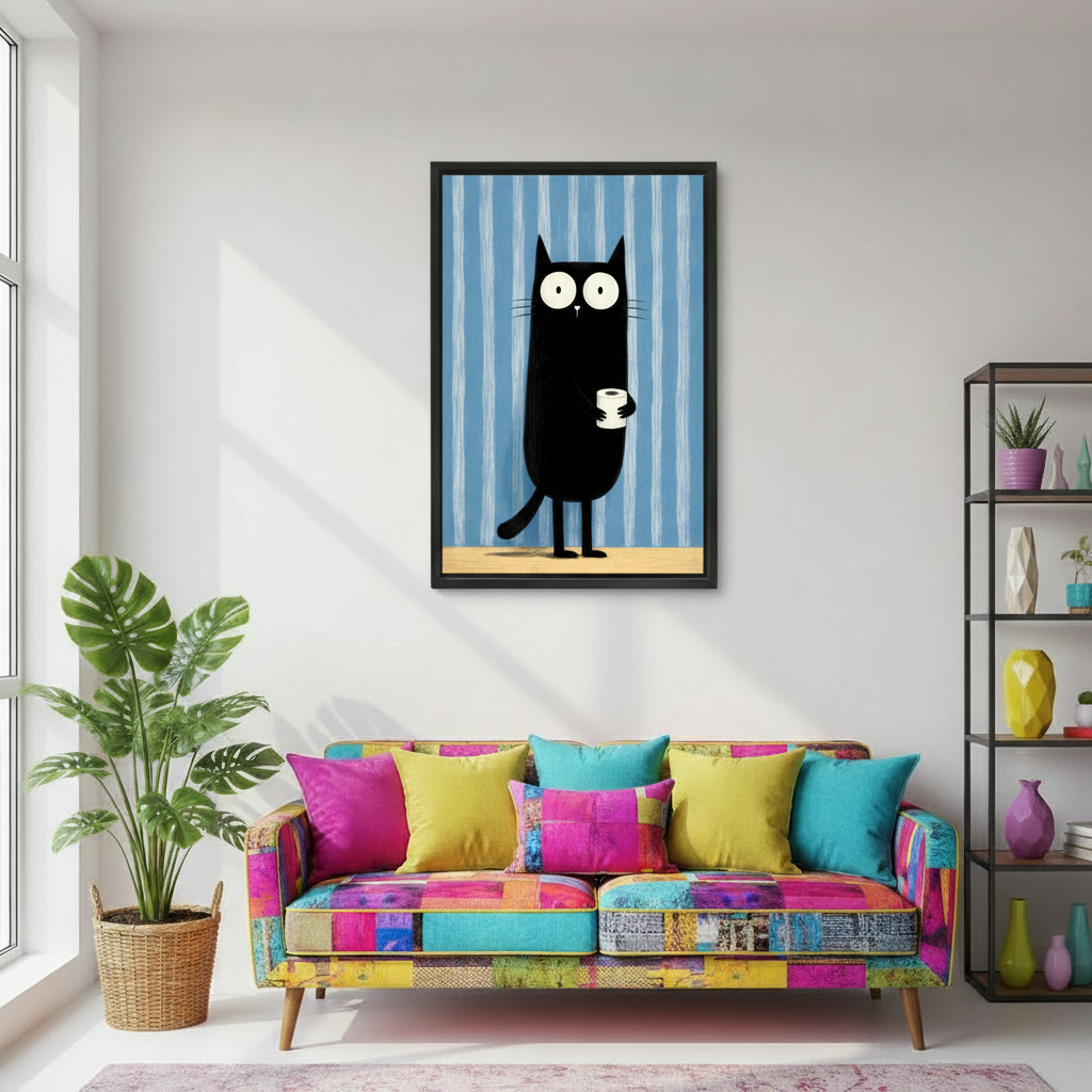 Funny black cat holding toilet paper framed wall art, black frame, blue background, hung above colorful patchwork sofa in an eclectic living room