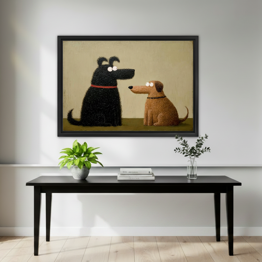 Cute black dog and brown dog looking at each other cartoon wall art print in black frame above black console table with green plant and eucalyptus vase in minimalist living room