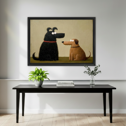 Cute black dog and brown dog looking at each other cartoon wall art print in black frame above black console table with green plant and eucalyptus vase in minimalist living room