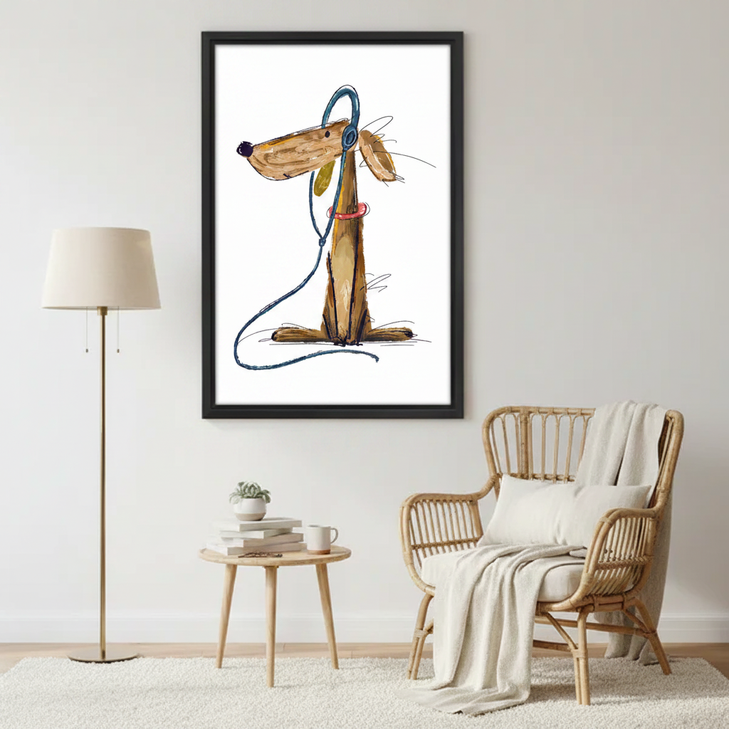 Whimsical brown dog wearing blue headphones funny hand-drawn wall art print in black frame above rattan armchair with round wood side table and gold floor lamp in Scandinavian living room