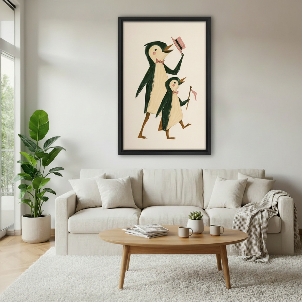 Cute penguin dad and baby chick marching parade mid-century retro wall art print in black frame above cream sofa with oak coffee table and succulent in minimalist living room