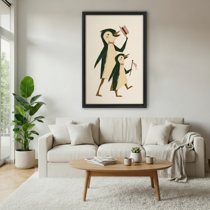 Cute penguin dad and baby chick marching parade mid-century retro wall art print in black frame above cream sofa with oak coffee table and succulent in minimalist living room
