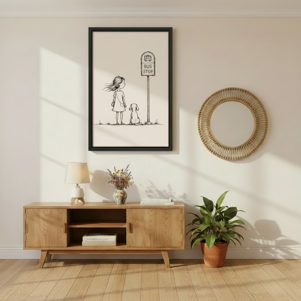 Cute girl and dog bus stop line art wall art print in black frame above oak media console with wildflower vase and rattan mirror in warm Scandinavian living room