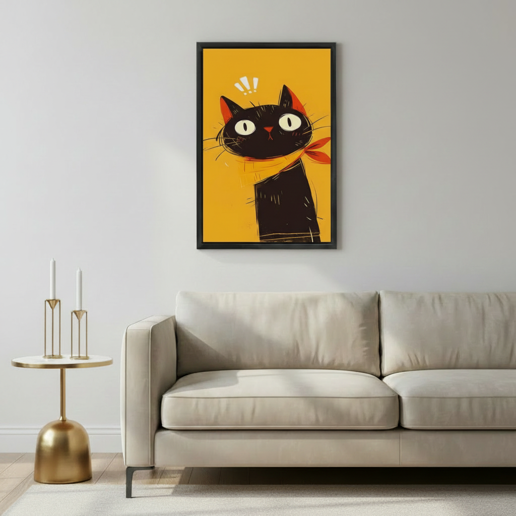 Wide-eyed black cat orange scarf yellow background humorous wall art print in black frame above beige sofa with gold candlestick side table in minimalist Scandinavian living room