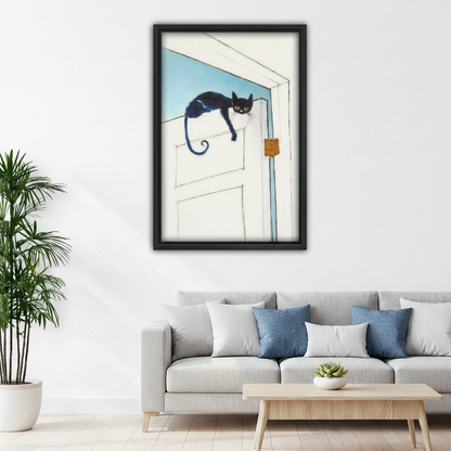 Framed black cat wall art above sofa, curious cat perched on door with blue sky, living room canvas decor for cat lovers