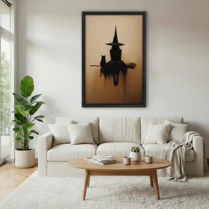 Witch and black cat on broomstick silhouette framed art print, black frame, dark luxury amber oil painting style, hung above a cream linen sofa in a bright Scandinavian living room with fiddle leaf fig and oval coffee table