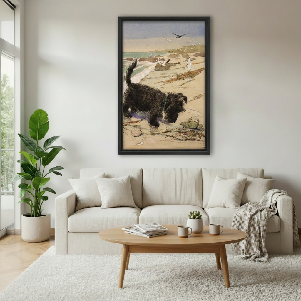 Vintage Scottie dog beach art print in black frame hanging in modern living room with plants — coastal decor