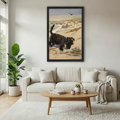 Vintage Scottie dog beach art print in black frame hanging in modern living room with plants — coastal decor