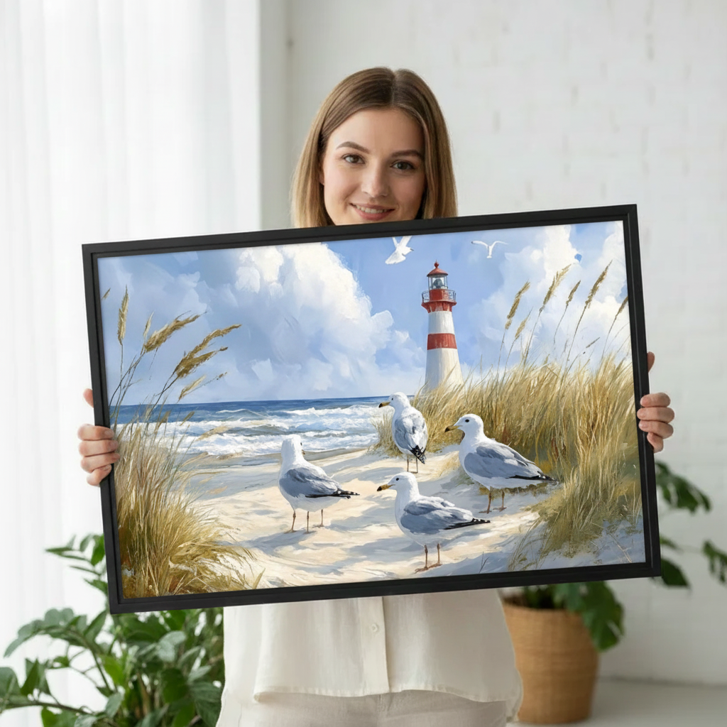 Coastal Lighthouse Seagull Canvas Wall Art - Scenic Beach Landscape Framed Wall Decor