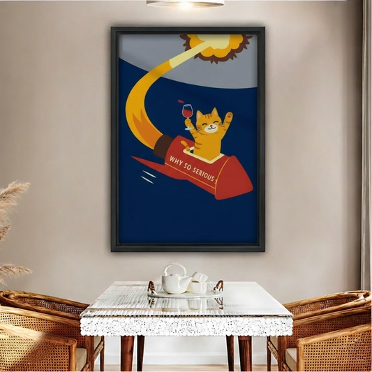 Why So Serious retro orange cat riding rocket with wine glass canvas wall art in black frame, dining room decor