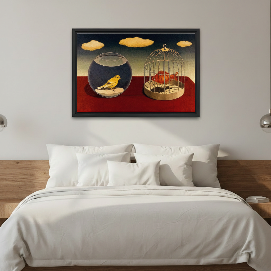 Dreamlike surrealist canvas print above bed — bird fish swap wall art for bedroom eclectic home decor