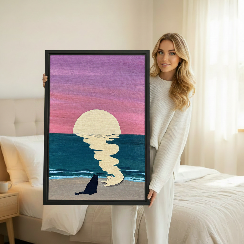 Framed sunset beach cat print held up — minimalist animal wall art for home