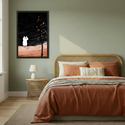 White cat under night sky golden tree framed canvas print displayed above a bed — moody atmospheric cat wall art for bedroom decor