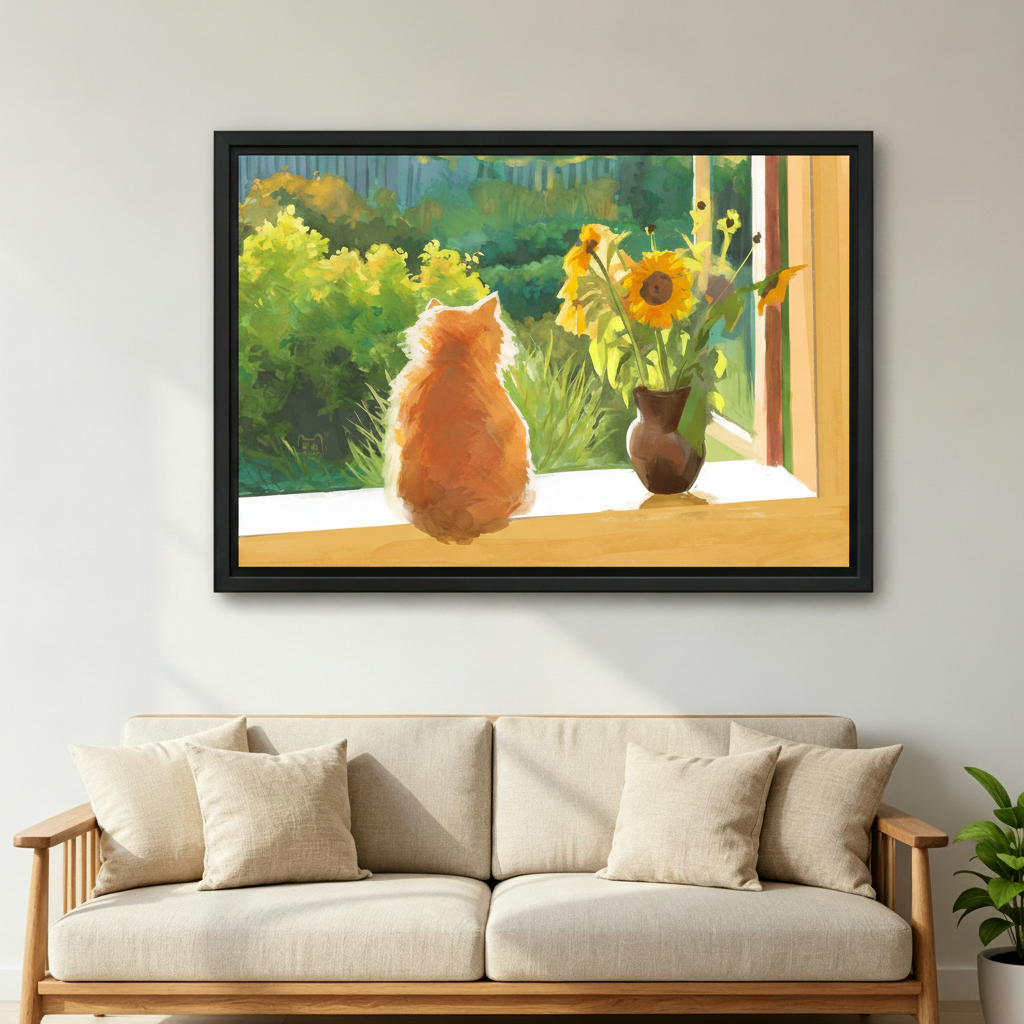 Orange cat and sunflower watercolor canvas wall art in black frame — peaceful nature illustration for bedroom decor