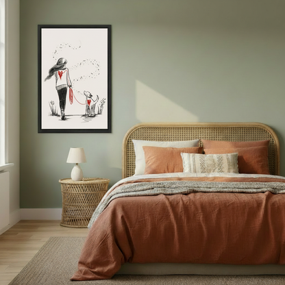 Girl walking dog sketch canvas print displayed in cozy bedroom — minimalist pet wall art for bedroom decor