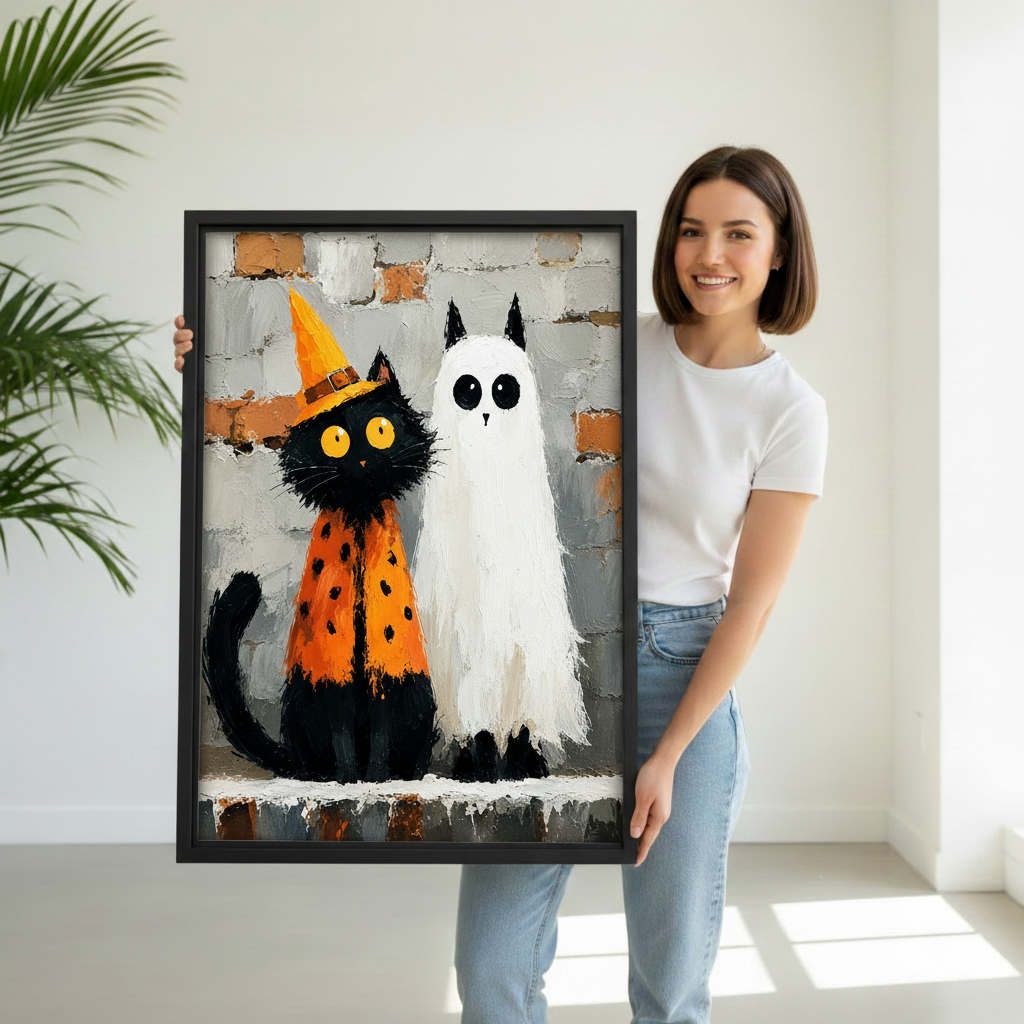 Woman holding Halloween black cat ghost framed print, spooky oil painting wall art, home decor gift