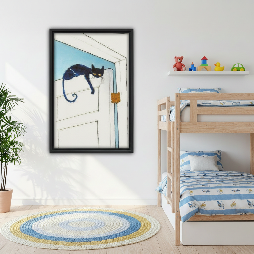 Cute black cat wall art for kids bedroom, whimsical cat on white door, black framed canvas print for nursery decor