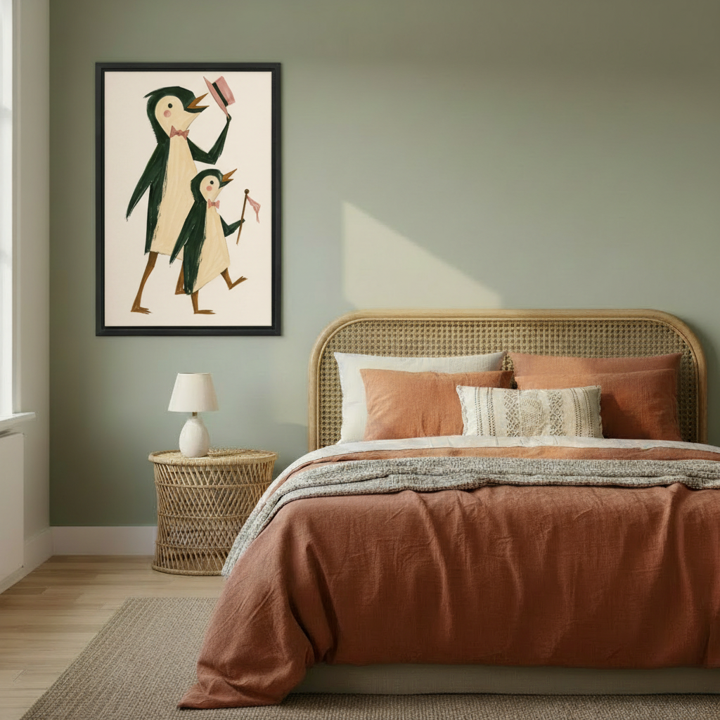 Charming penguin father and baby marching with pink top hat vintage illustration wall art print in black frame beside rattan headboard bed with terracotta linen and wicker nightstand in boho bedroom