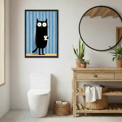 Black cat toilet paper wall art in black frame, blue striped background, styled in a rustic boho bathroom with wood vanity and round mirror