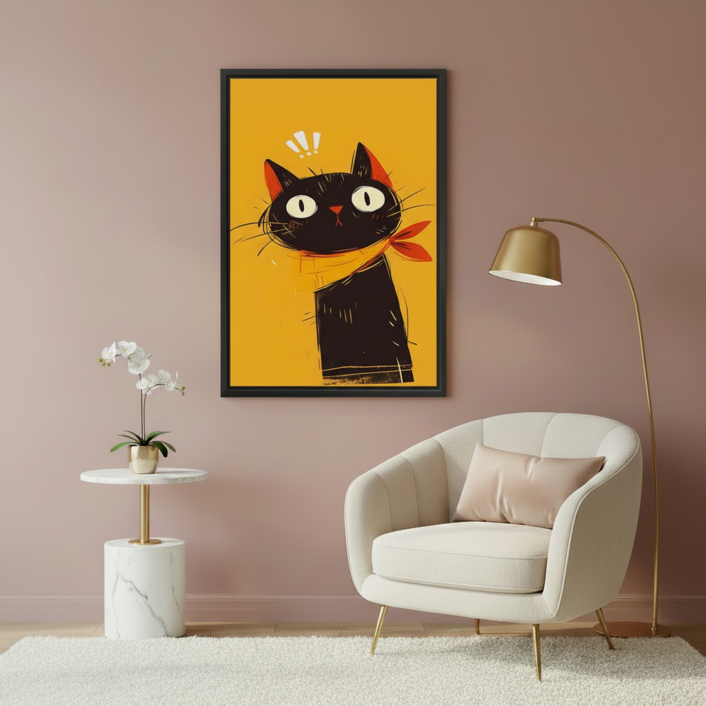 Expressive black cat surprised face orange bandana yellow background funny wall art print in black frame beside cream armchair with marble side table and gold arc floor lamp in elegant living room