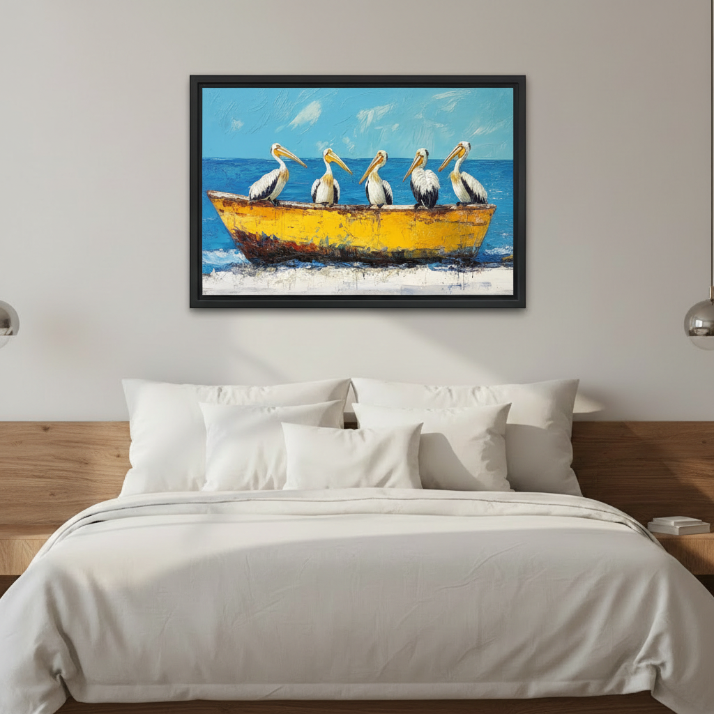 Five pelicans on yellow boat framed wall art, black frame, bold coastal oil painting blue ocean beach scene, styled above a bed in a clean modern bedroom with wood headboard and white bedding