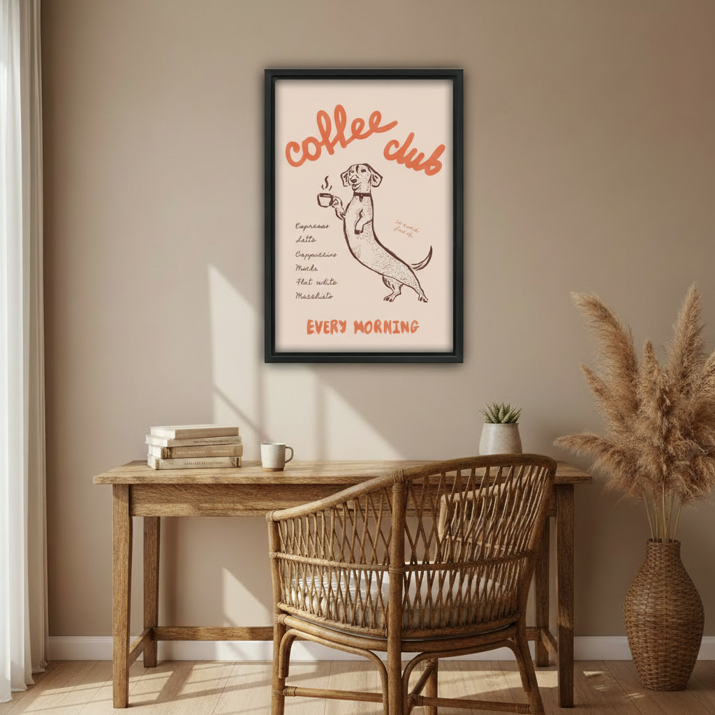 Retro dachshund coffee club every morning espresso latte cappuccino wall art print in black frame above rustic oak desk with rattan chair pampas grass vase and succulent in warm boho home office