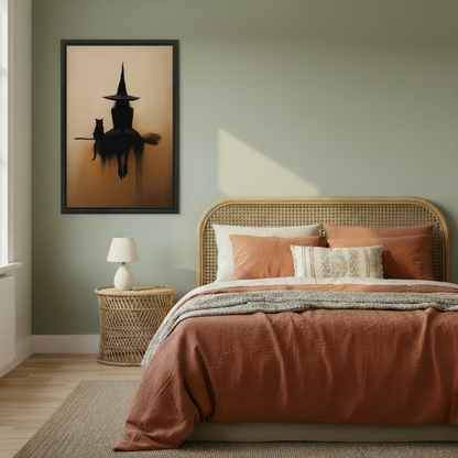 Witch and black cat on broomstick silhouette framed wall art, black frame, dark luxury amber oil painting style, styled beside a rattan headboard bed in a warm sage green boho bedroom with terracotta bedding