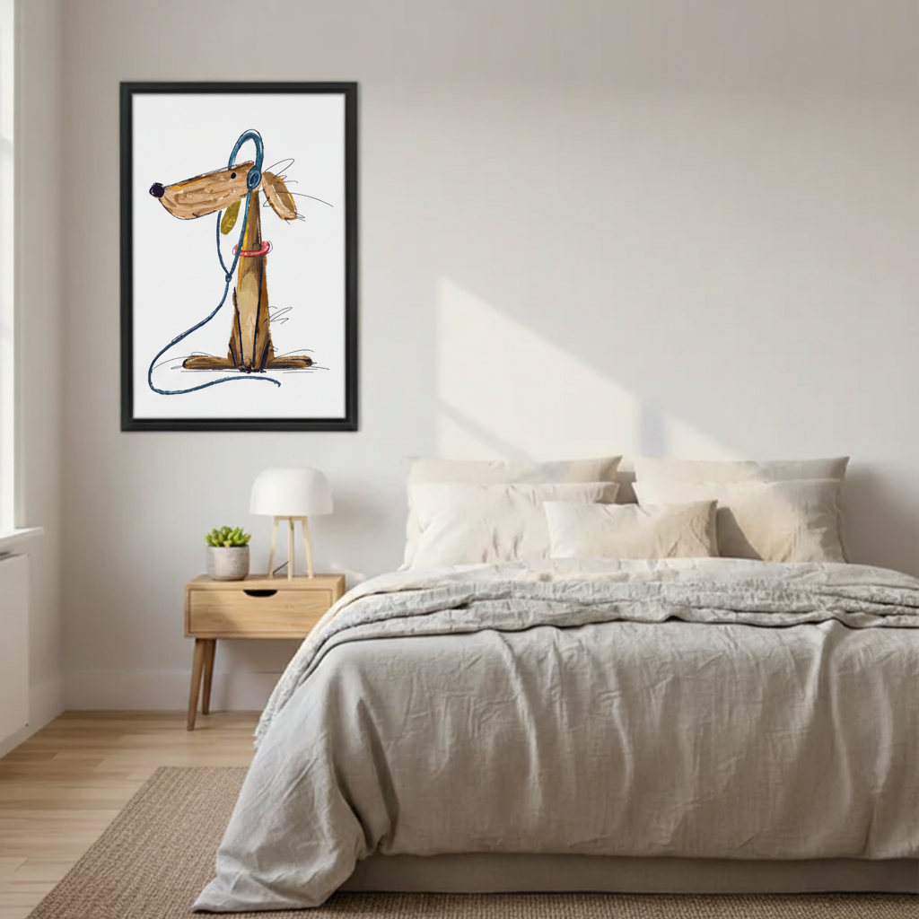 Adorable long-eared dog with blue headphones pink collar funny illustration wall art print in black frame on white bedroom wall above oak nightstand with white lamp and succulent plant