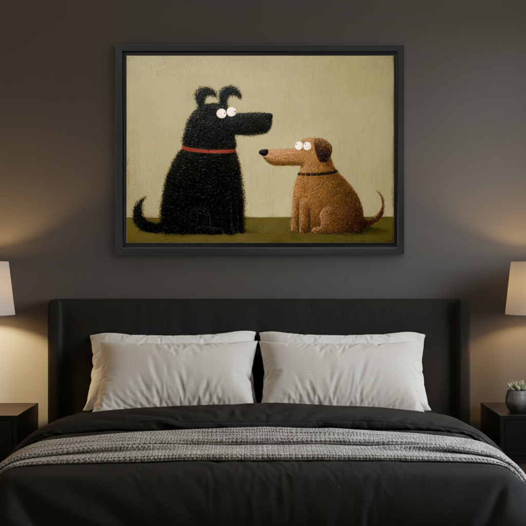 Humorous black dog red collar and brown dog cartoon oil painting wall art print in black frame above dark grey upholstered bed with white pillows and bedside lamps in moody bedroom