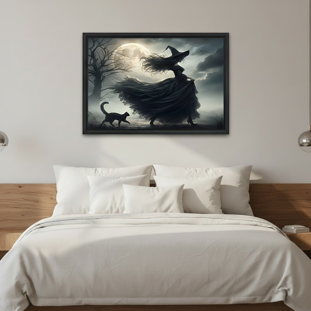Black cat and witch moonlit night framed wall art, black frame, dark gothic oil painting style, styled above a bed in a clean modern bedroom with wood headboard and white bedding